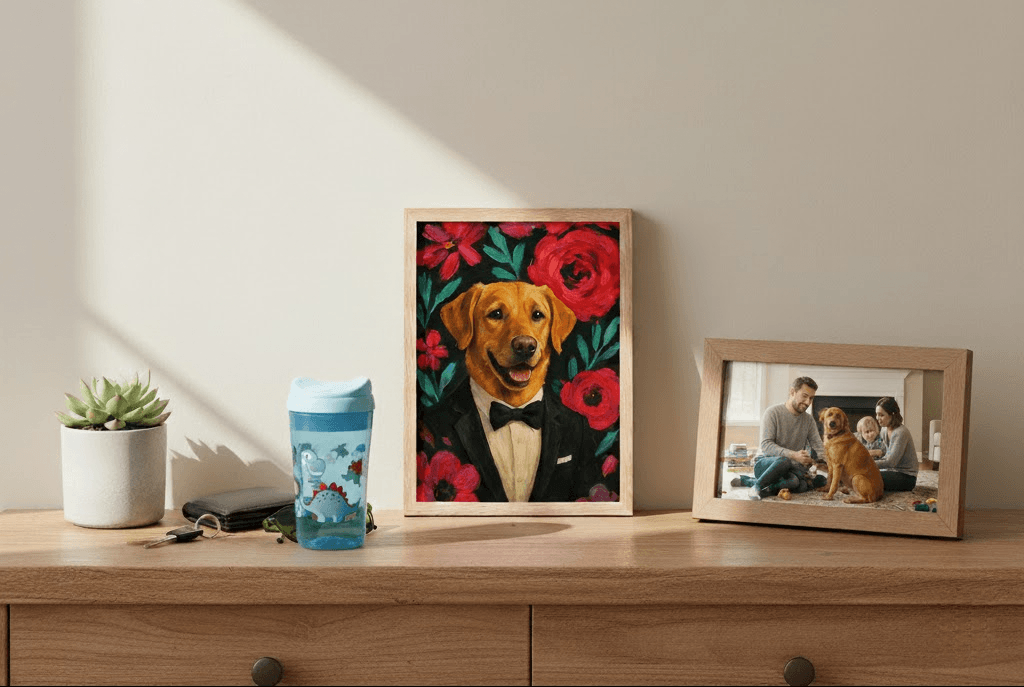 Custom pet portrait examples showing dogs and cats transformed into Van Gogh, Renaissance, and Pop Art styles