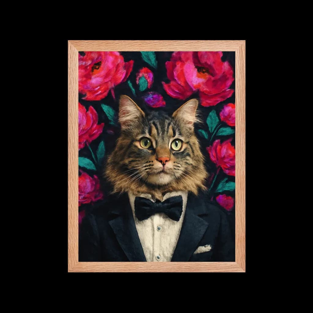 Custom pet portrait in Bloom style - Floral phone wallpaper with tuxedo pet