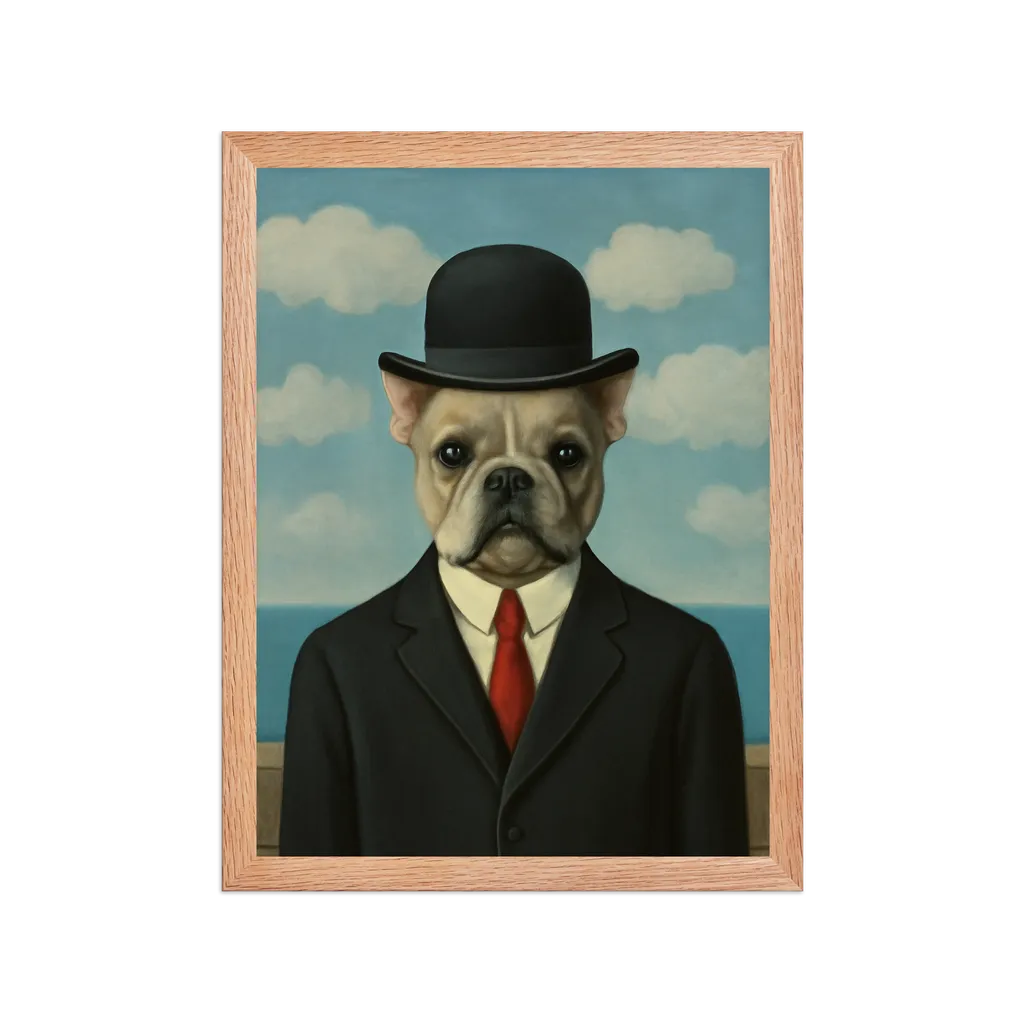 Custom pet portrait in Son of Man style - Magritte surrealist portrait with bowler hat and formal attire