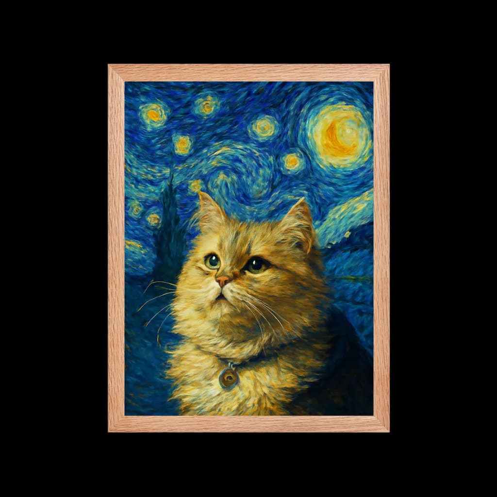 Custom pet portrait in Starry Night style - Dreamy night portrait with Van Gogh starry sky background